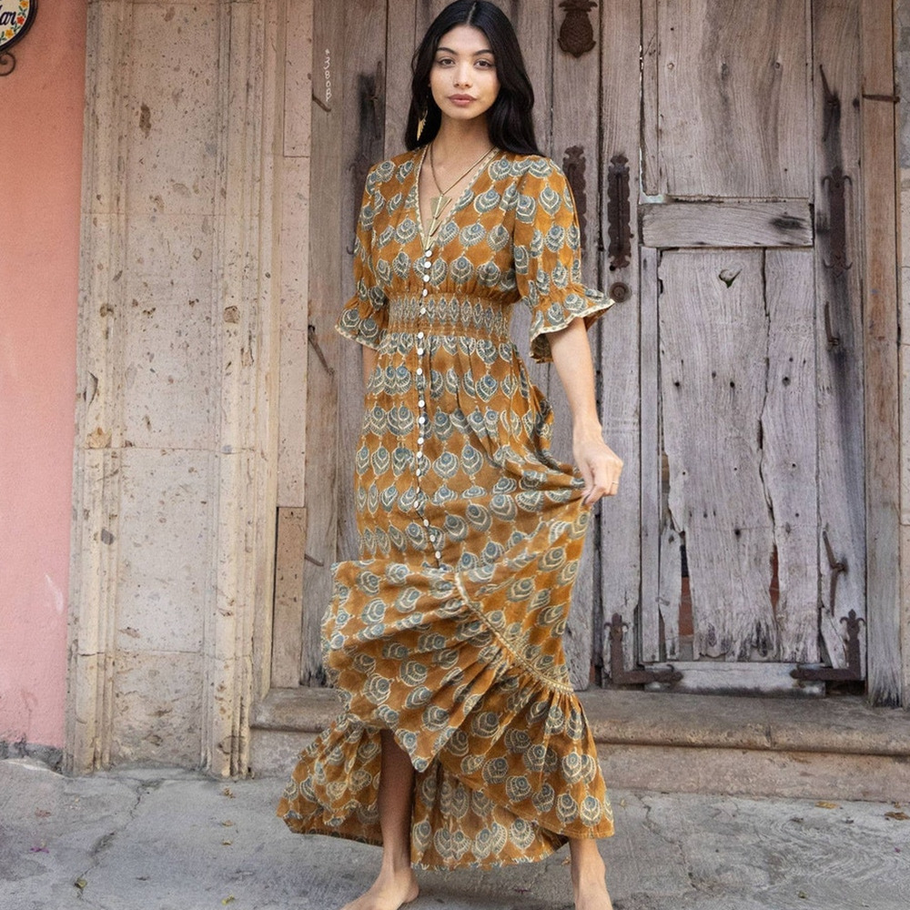 Fox & Mermaid NWT Block Print Boho Maxi Dress Brown Cottagecore L